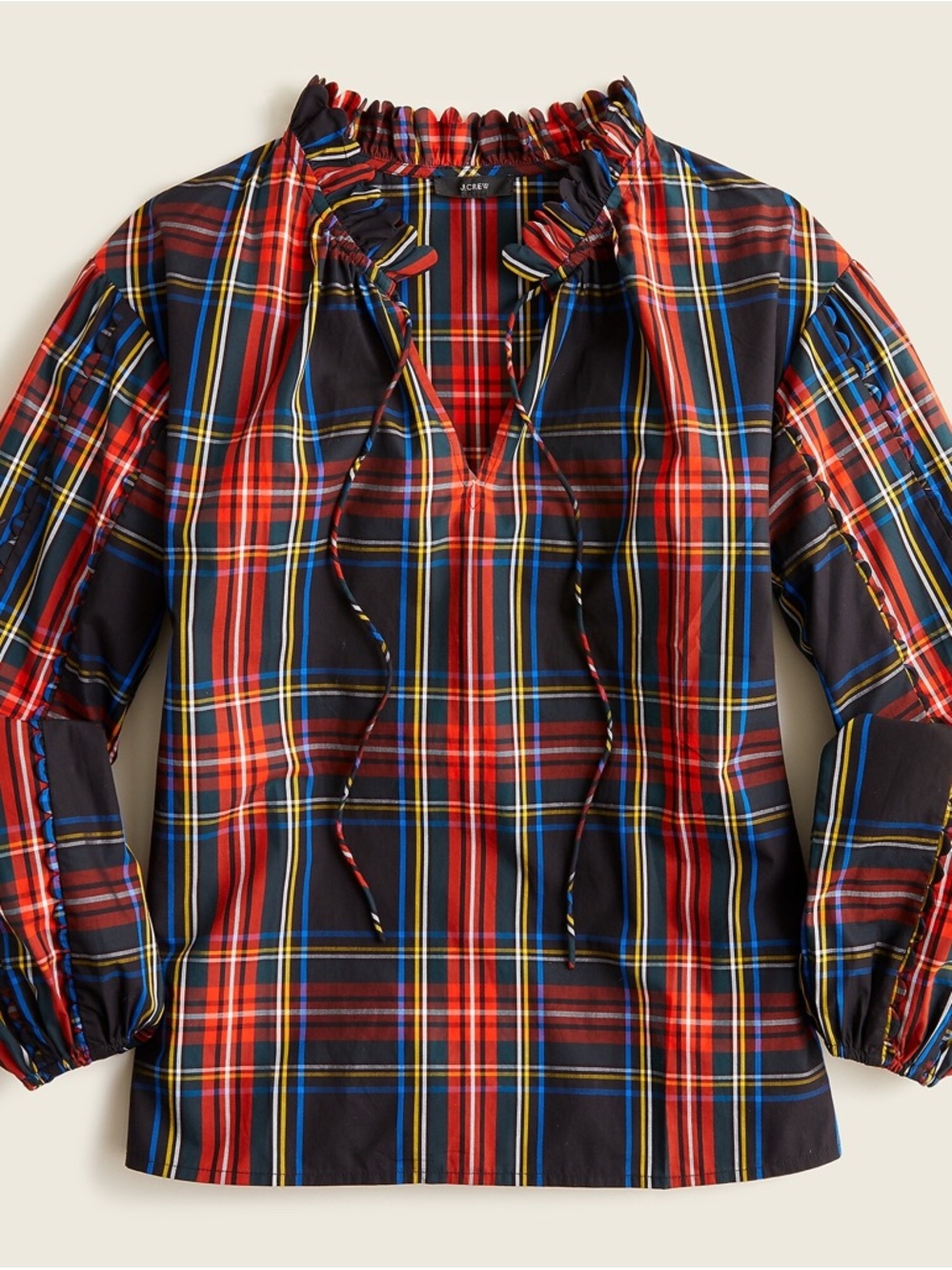 J. Crew Scalloped Tie Neck Top in Stewart Tartan Ruffle Hem Cotton Size S